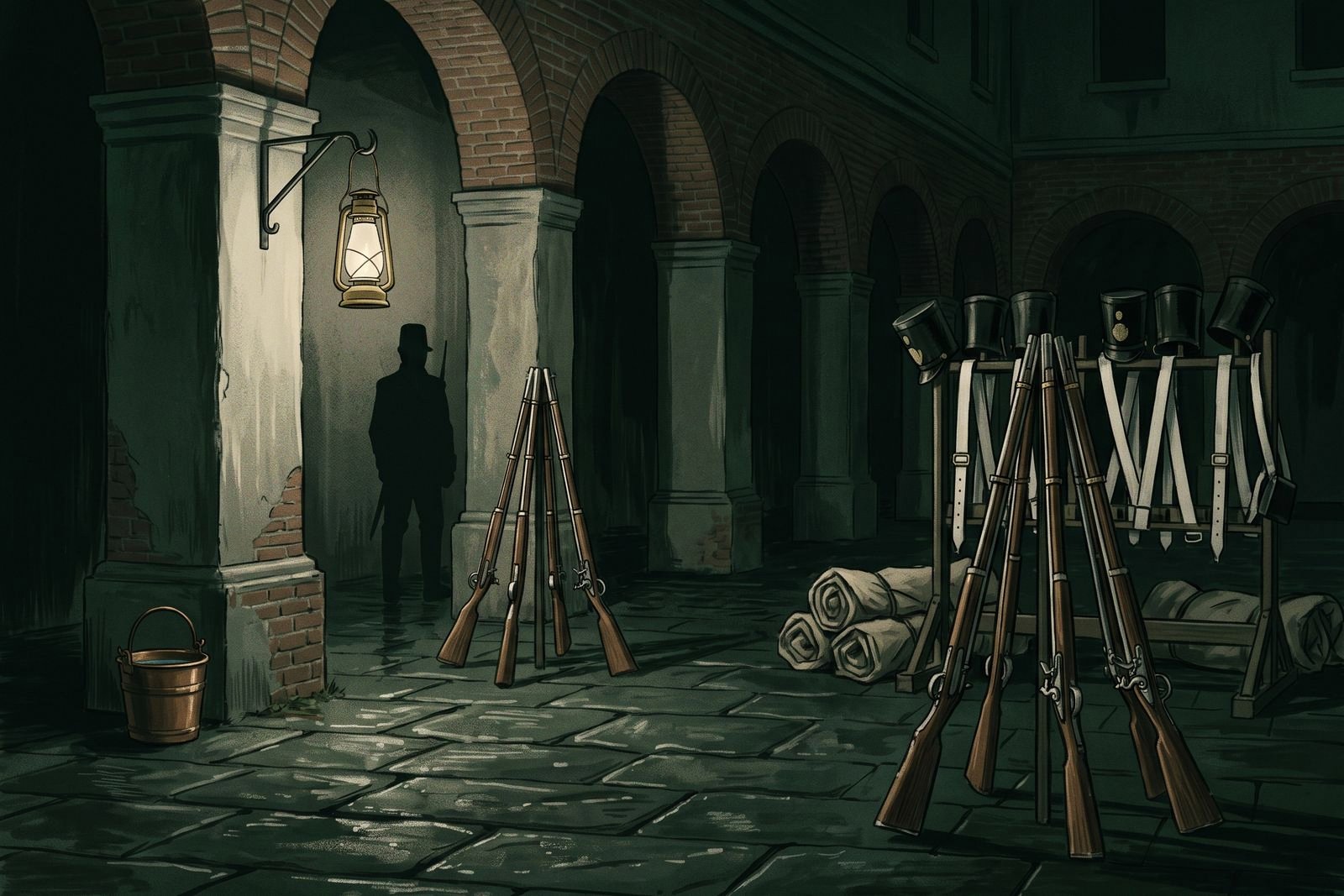 Flintlock muskets stacked in tripods and shakos hung on a rack in a lantern-lit colonial barracks courtyard at night, a soldier's back visible under an arcade.