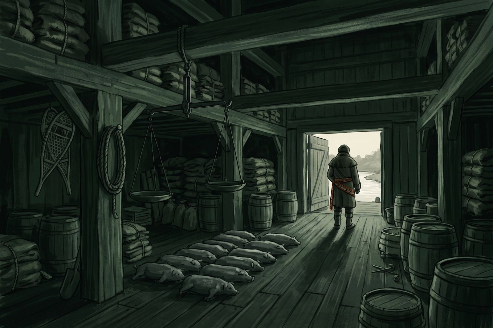 Inside a river trade warehouse: corded fur packs, stacked lead pigs, salt barrels and a hanging balance, with a fur trapper seen from behind at the open loading door.