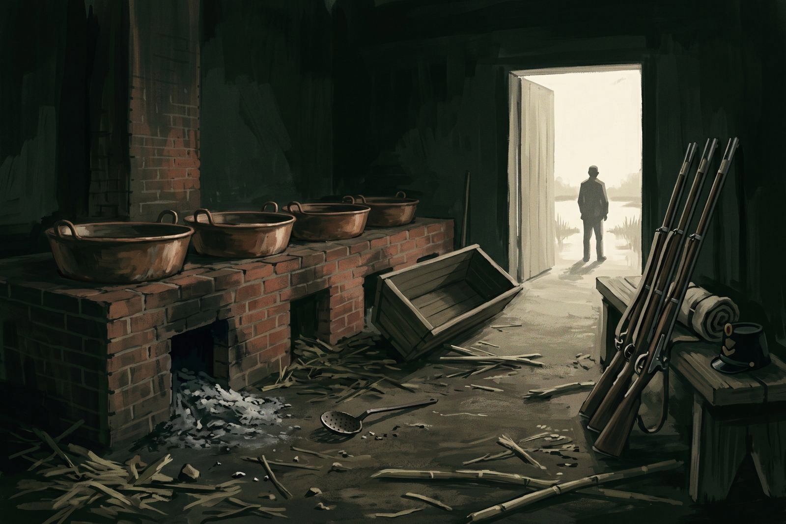 A cold plantation sugar-house with a train of dirty copper kettles, a dead furnace and militia muskets stacked by the doorway where a figure stands with his back turned.