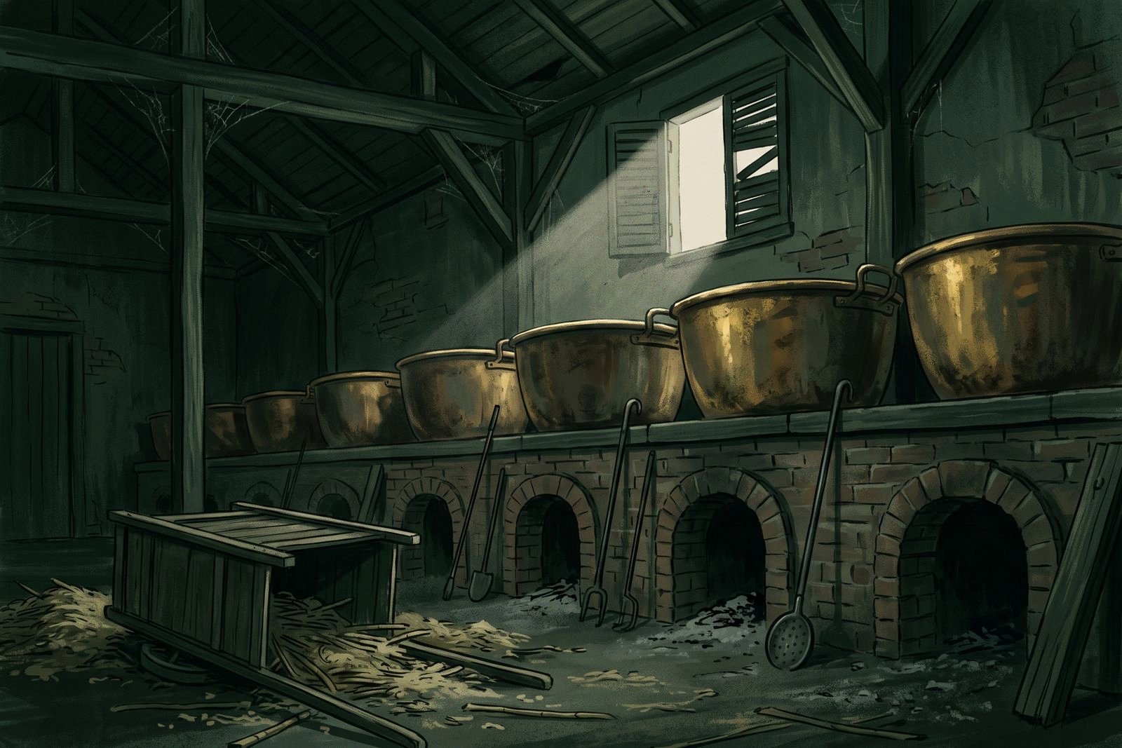 Interior of an abandoned sugar-house with a row of cold copper boiling kettles, brick furnaces and idle iron tools lit by a shaft of daylight.