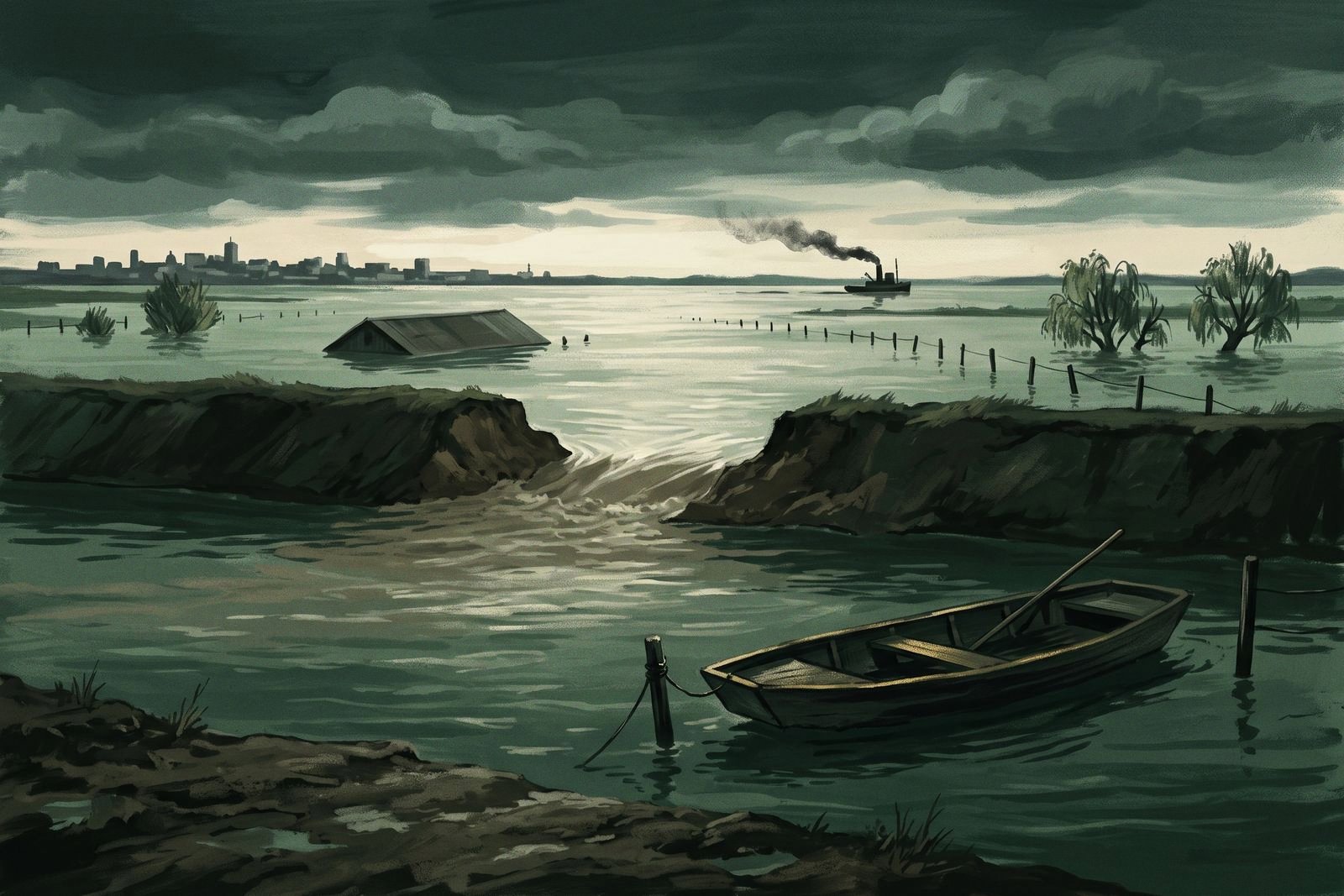 A torn gap in an earthen levee with floodwater spreading over drowned farmland, a barn roof and fence posts above the surface and an empty cypress skiff tethered in the foreground.