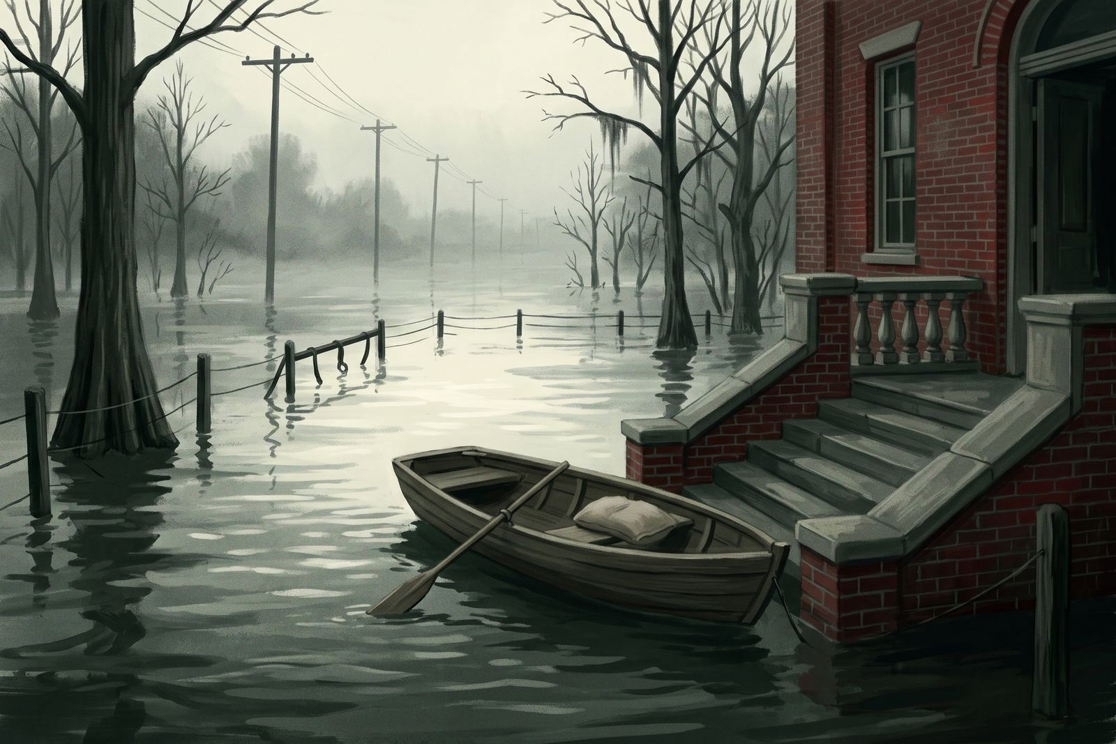 Floodwater up to the steps of a small brick courthouse, with a wooden skiff tied to the balustrade and submerged fences and drowned trees beyond.