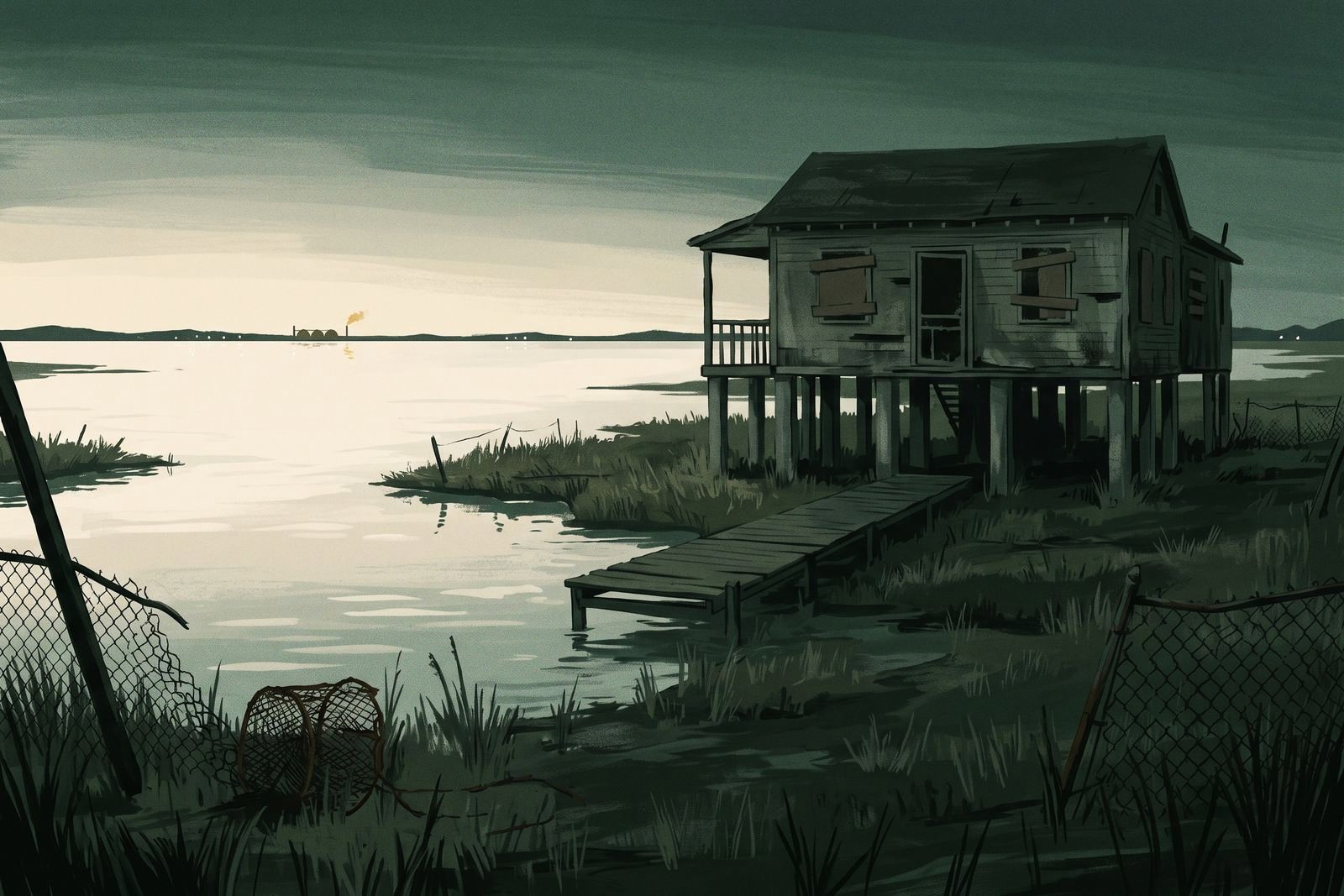 An abandoned boarded-up house on concrete pilings in a flooded bayou at dawn, its walkway ending in open water, with distant gas-terminal lights across the marsh.