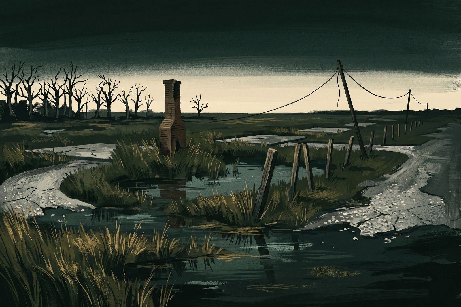 Empty concrete house slabs and a lone brick chimney standing in tall marsh grass beside a cracked driveway and a leaning utility pole at dusk.