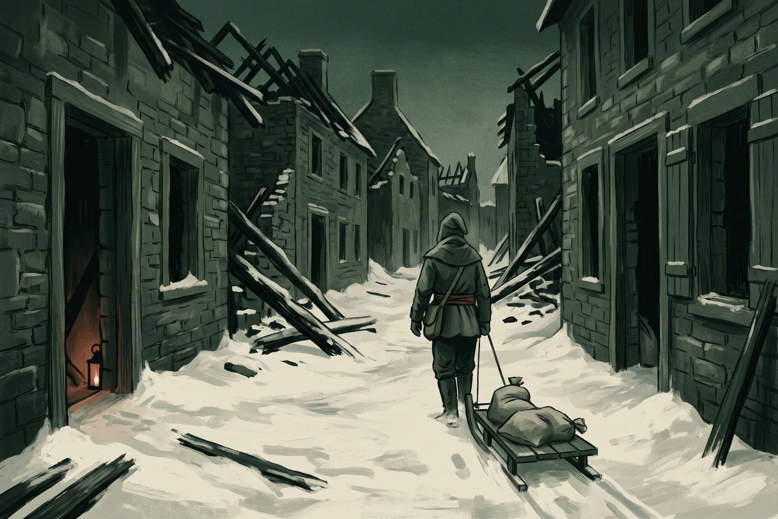 A snow-filled street of roofless stone houses in winter, where a figure seen from behind drags a wooden sled carrying two empty flour sacks past a lit cellar stair.