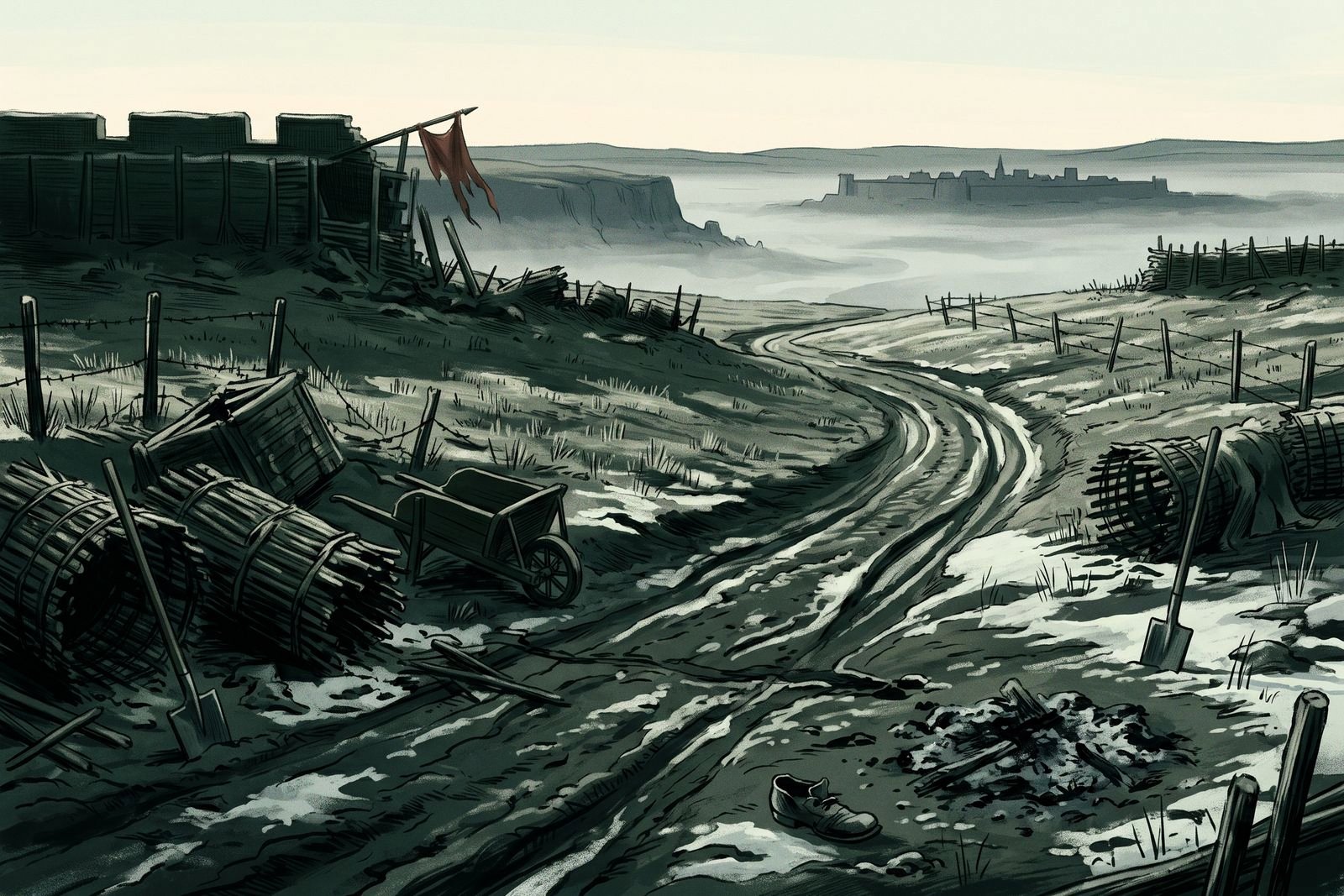 An abandoned siege trench of gabions and spades on a frost-covered plateau at dawn, with distant town ramparts beyond.