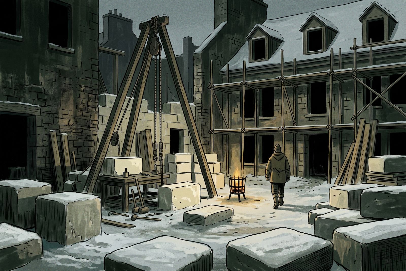 A snowy eighteenth-century stonecutters' yard with dressed limestone blocks, a timber hoist and scaffolding against a half-rebuilt street front.