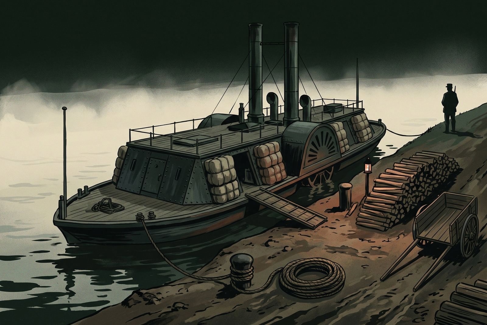 A nineteenth-century iron-plated paddle gunboat moored at a muddy river levee at night, its deck empty, with stacked cordwood, cotton bales and an unhitched mule cart on the bank.