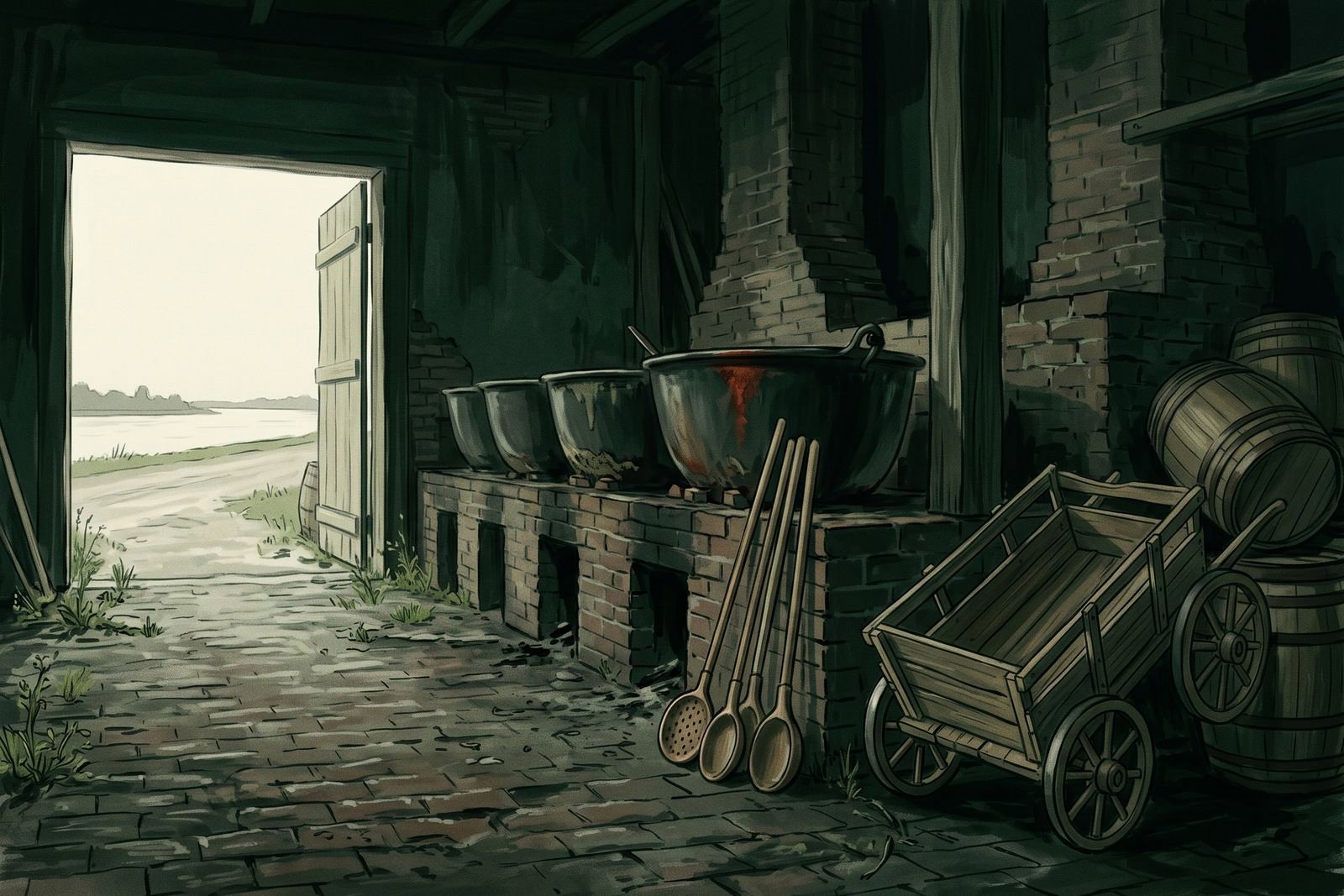 The interior of an abandoned sugar house, its row of iron kettles cold and empty, with the wide doors open onto a levee road.