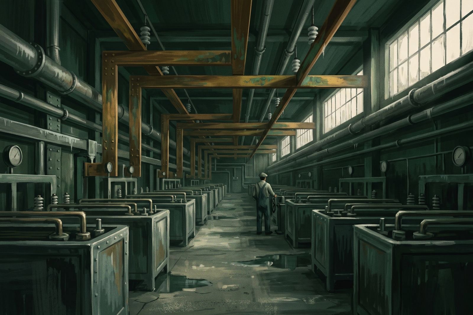 A long 1940s industrial hall of steel electrolytic cells under copper busbars, lit by a pale shaft from high windows, with a single worker seen from behind at a valve.