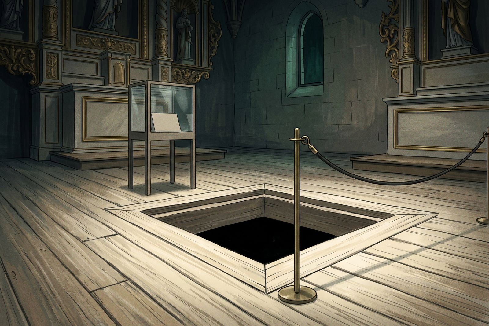 A square hole left open in the worn wooden floor of a chapel, ringed by a low brass stanchion and cord, under dim gilded woodwork.