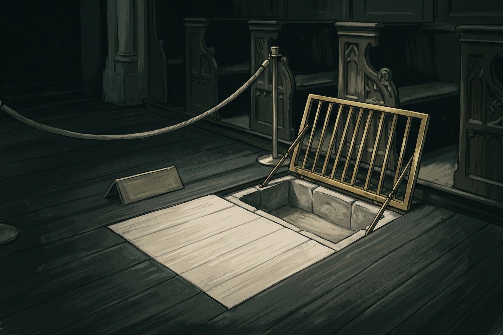 A dim chapel floor where a hinged brass grille has been lifted to reveal a small, empty stone-lined hollow set into the boards.