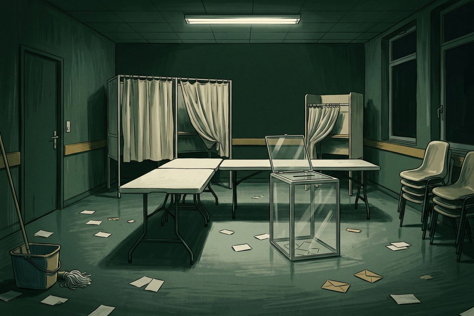 An emptied polling room at night: trestle tables, folded voting booths, an open empty transparent ballot box and blank paper slips on the floor.