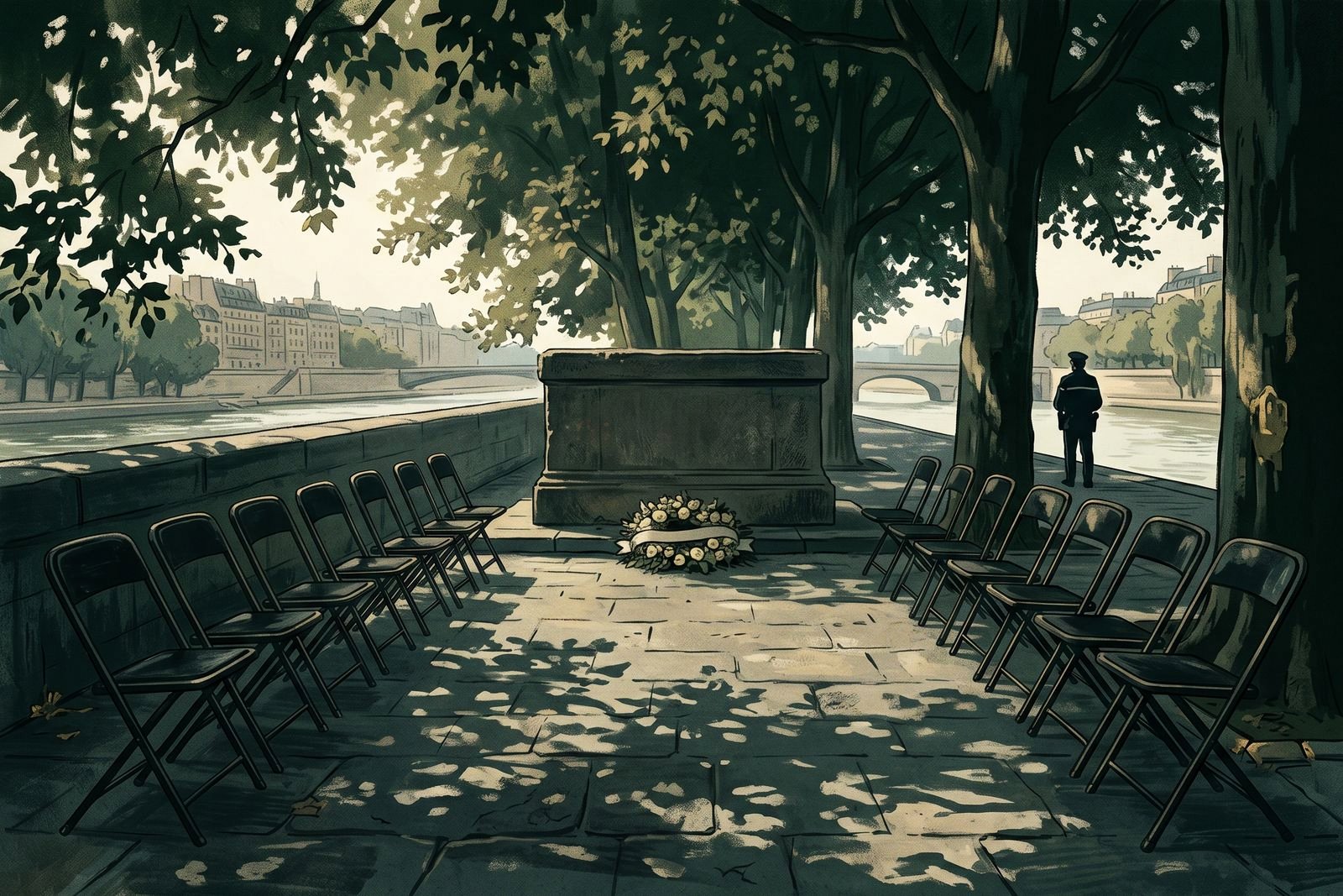 Two ranks of empty folding chairs on a Paris riverside quay facing a memorial stone with a single wreath laid before it.