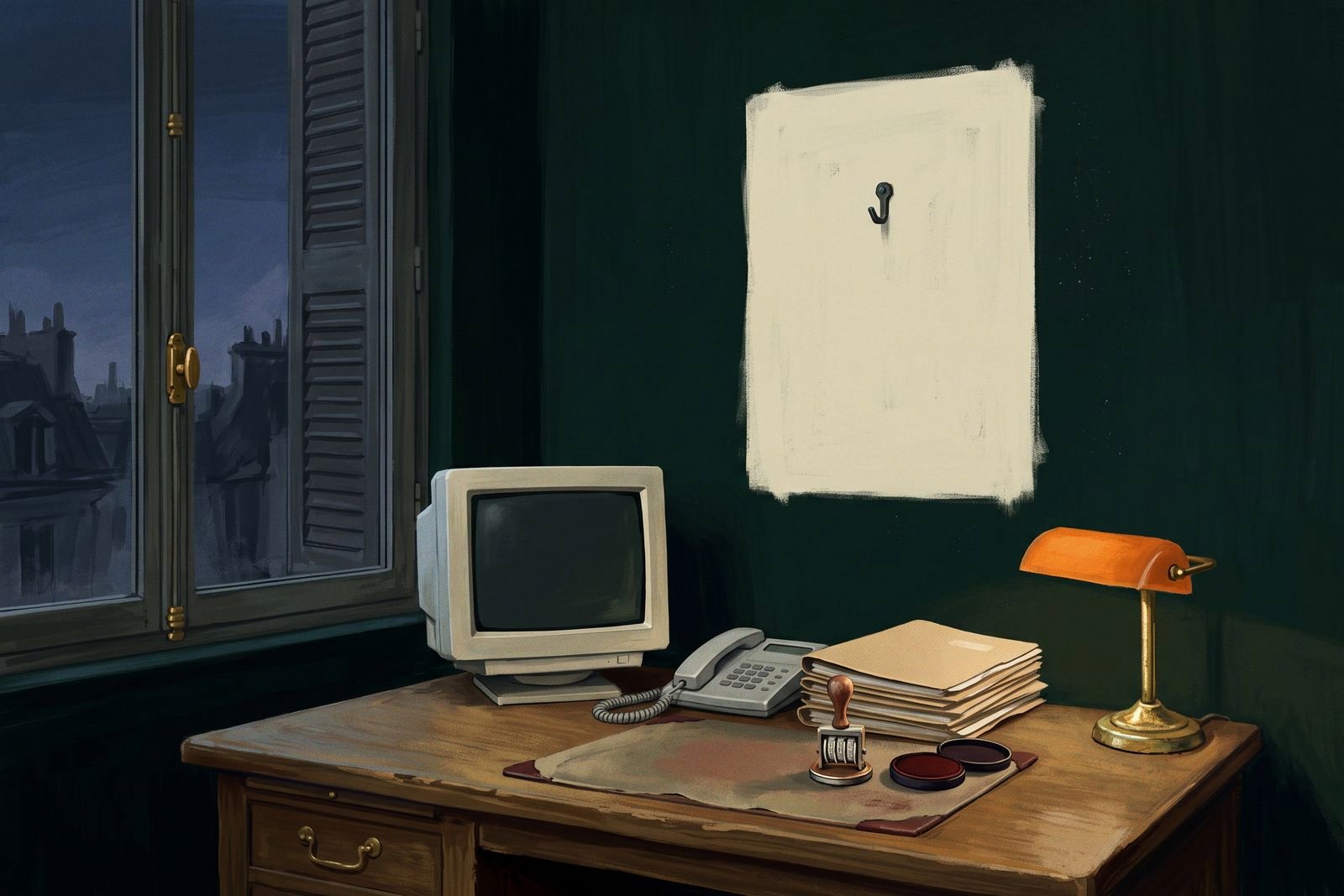 A dim prefecture office where a paler rectangle and an empty hook mark the missing portrait above a desk with stamps and an old monitor.