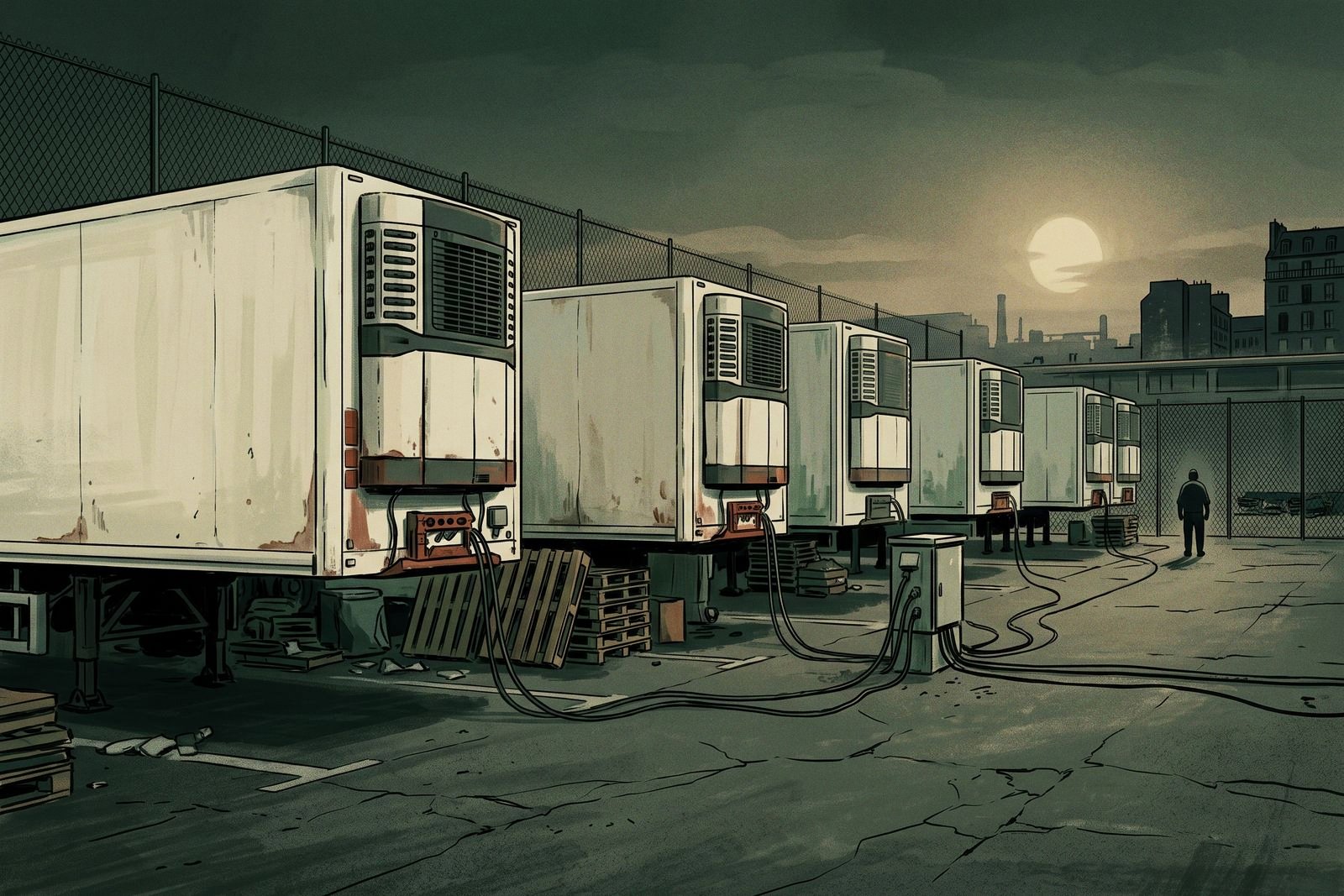 A line of white refrigerated lorry trailers with running generators parked on a concrete market apron at dusk during a heatwave.