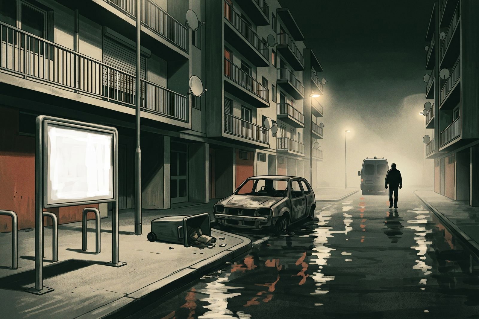 An empty housing-estate forecourt at night under sodium light, with a burnt-out car, an overturned bin and a police van silhouetted at the far end.