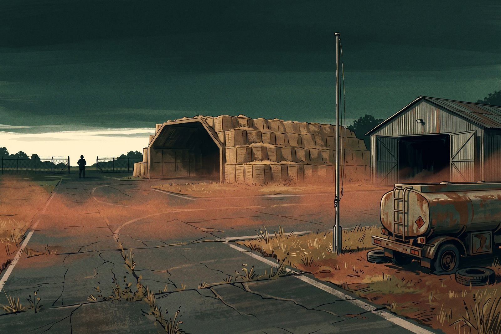 Dusk over a disused overseas garrison airfield: cracked apron, empty revetment, rusted fuel tanker, bare flagpole and an open hangar.