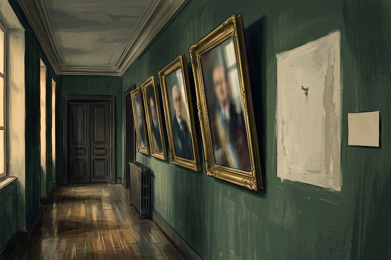 A prefecture corridor where four glare-obscured framed portraits are followed by a bare patch of wall holding a single empty picture hook.