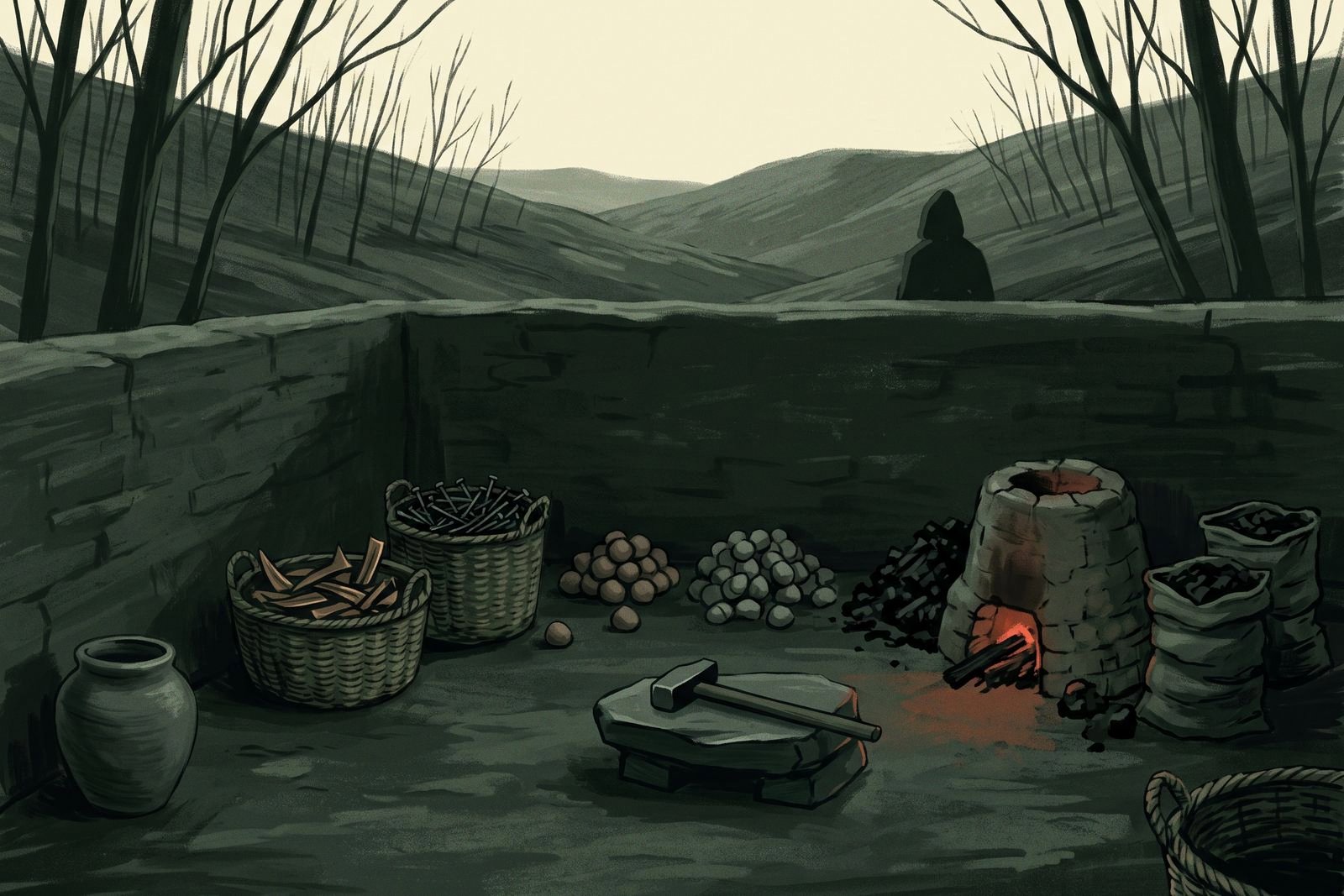 Une cour close au crépuscule, avec des paniers de bronze brisé et de balles de fronde près d'une pierre d'enclume et d'un petit four à charbon, collines dénudées à l'arrière.