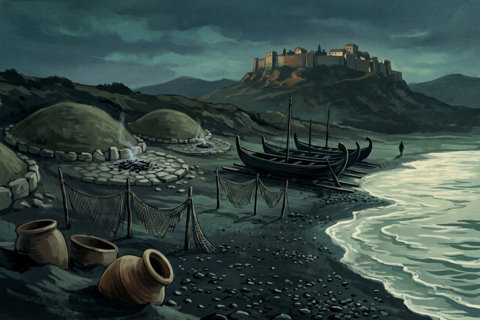 Une plage au soir avec des galères archaïques tirées au sec et des filets qui sèchent, deux tumulus sur la crête et, à l'intérieur, une citadelle fortifiée éclairée.