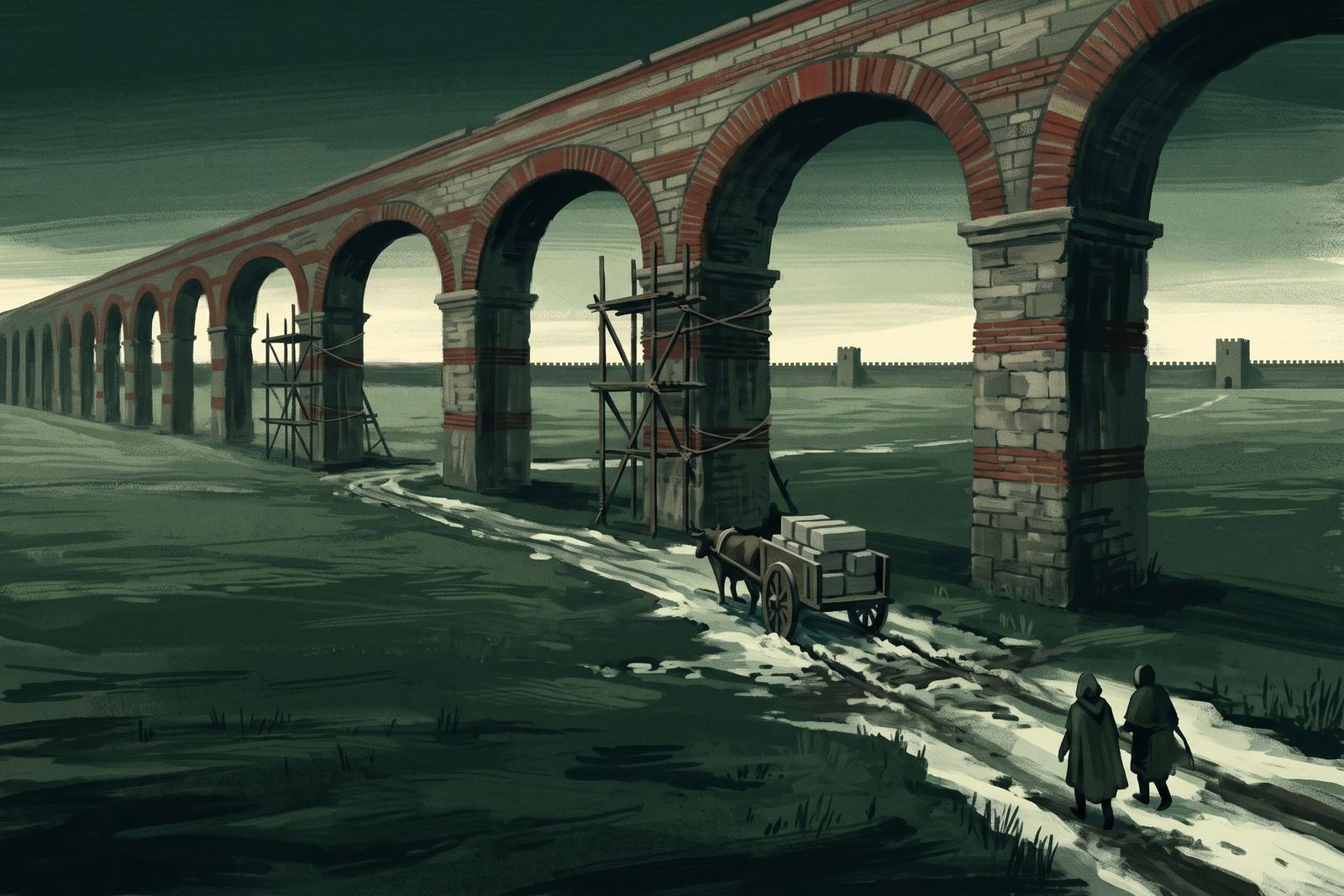 Des arches d'aqueduc de l'Antiquité tardive avec échafaudages de bois traversent une plaine hivernale plate, une longue muraille mince courant au loin.