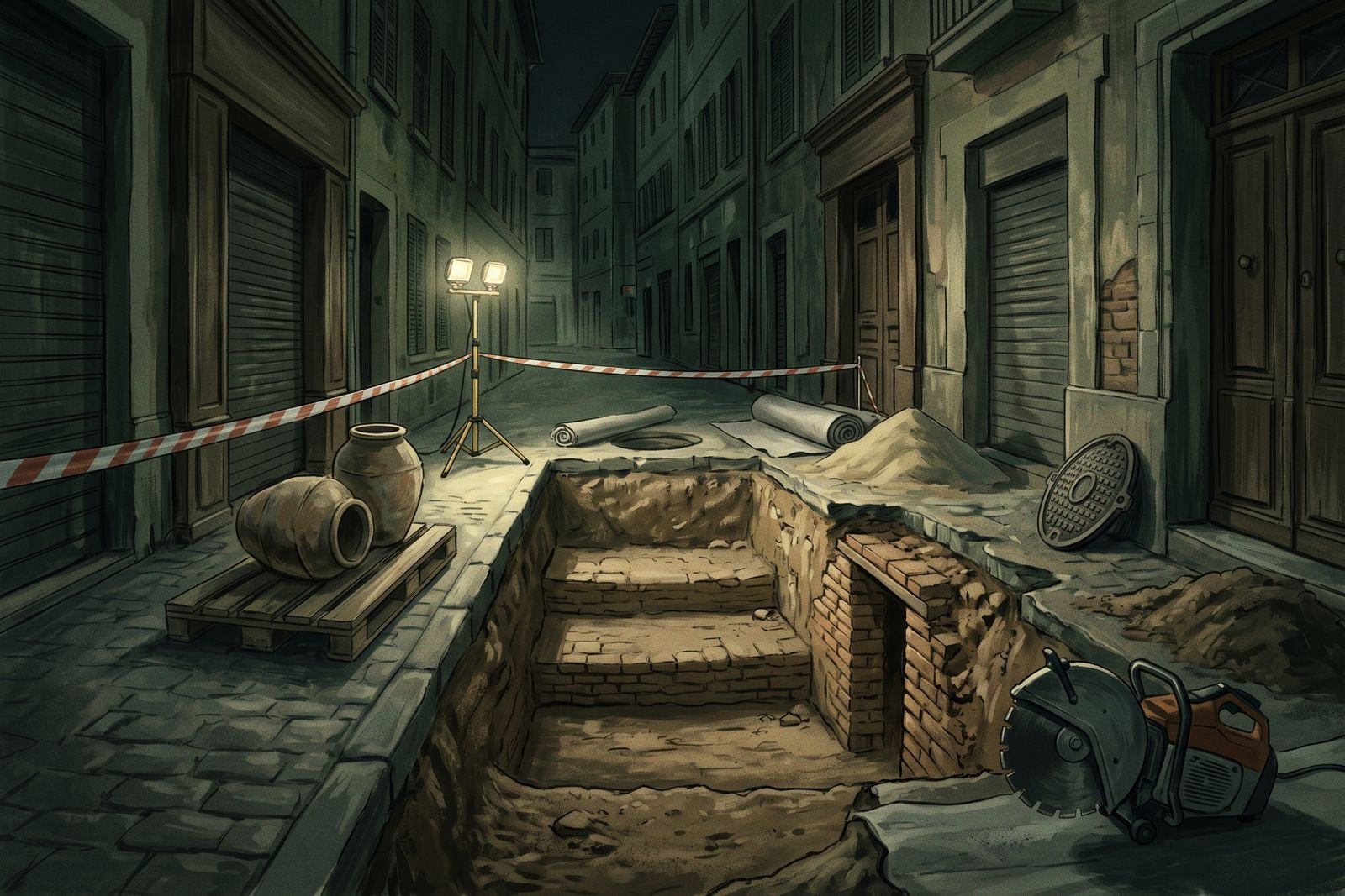 Une tranchée étayée ouverte de nuit dans une rue en béton révèle des sols de brique crue superposés et un jambage de porte muré, deux grandes jarres posées sur une palette sous une lampe de chantier.