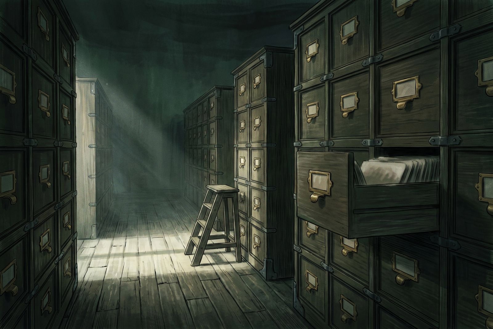 A long dim record hall lined with tall oak filing cabinets, one drawer half open, lit by a shaft of window light on a worn wooden floor.