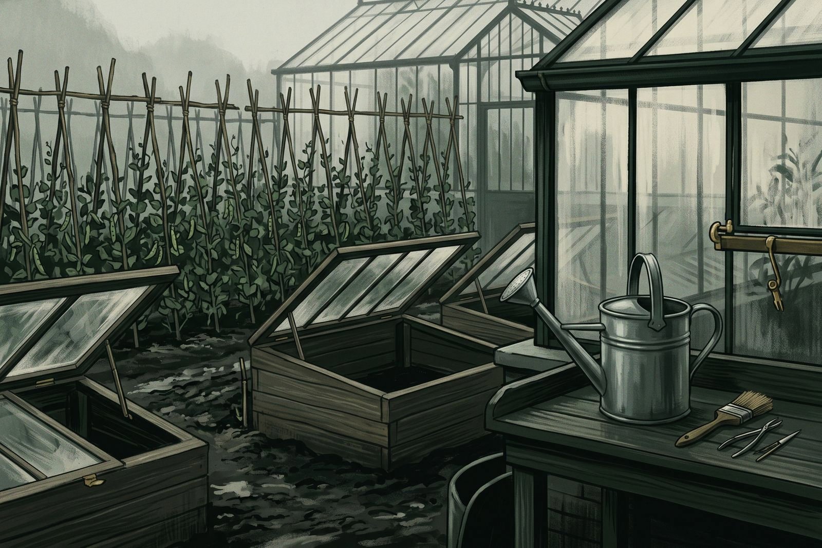A row of staked pea plants beside open cold frames and a potting bench with brushes and forceps behind a foggy 19th-century glasshouse.