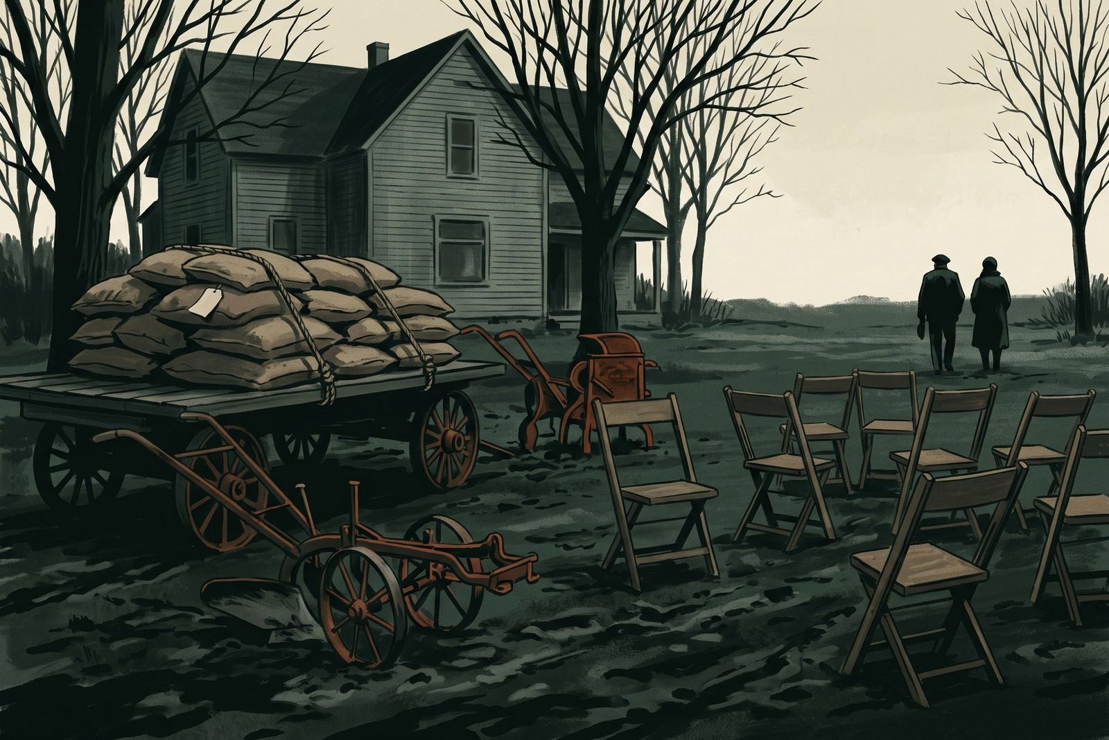 A muddy farm yard at dawn with stacked seed sacks on a wagon, abandoned implements, empty chairs and two distant figures walking away.