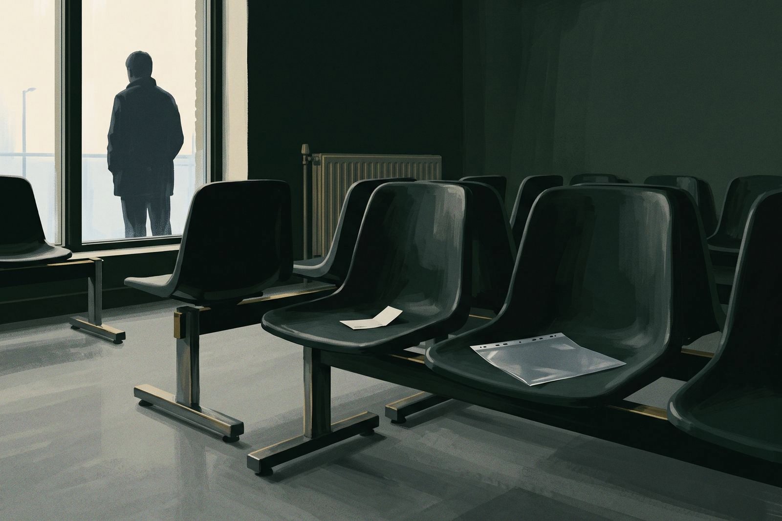 An almost empty modern waiting room with rows of plastic chairs, a ticket dispenser, a face-down document sleeve and one person seen from behind at the window.