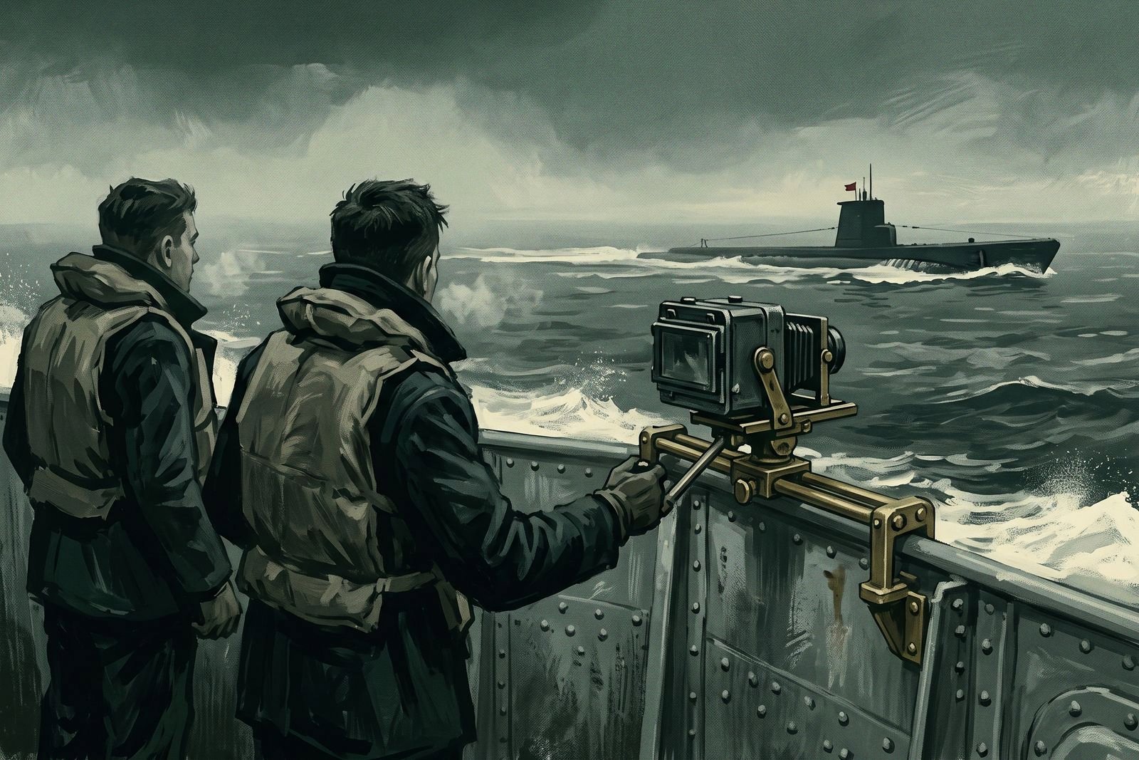 From a destroyer's bridge wing, two sailors with a camera watch a surfaced submarine running low on grey seas nearby.