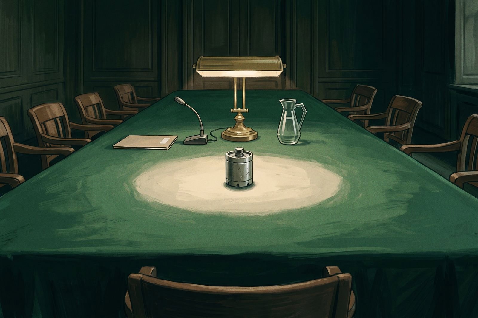 A small metal practice depth charge sits alone under a lamp on the baize table of an empty committee room.