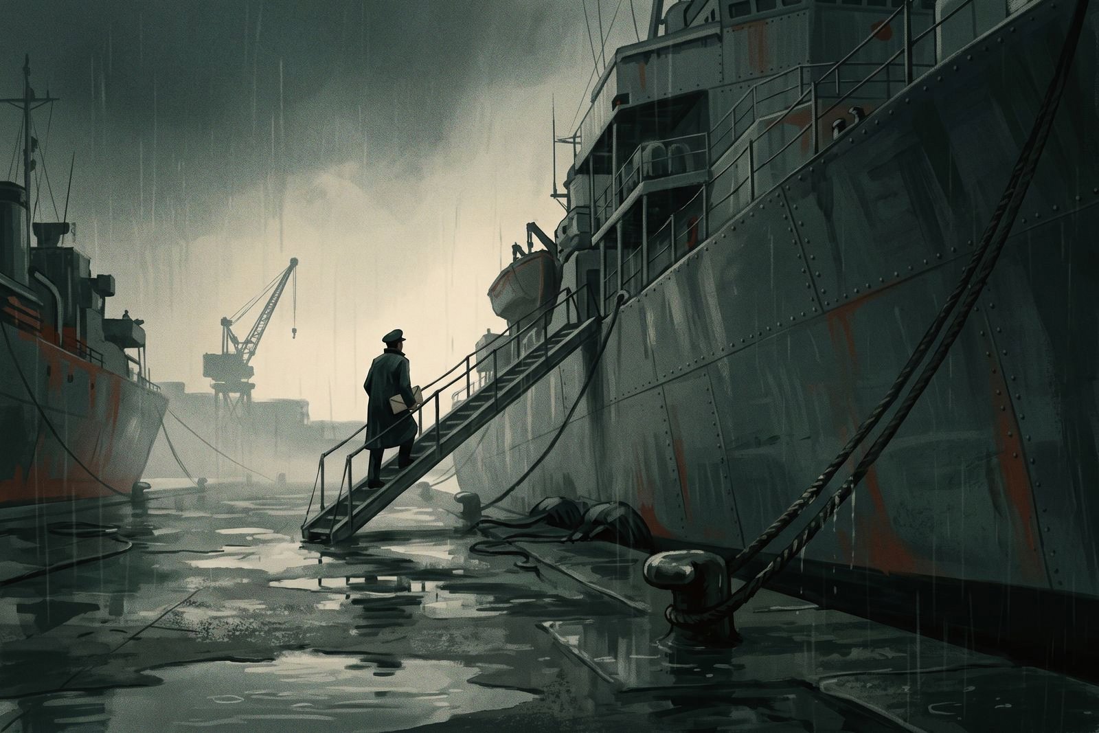 On a rainy quay, a lone inspector in a raincoat climbs the gangway up the grey side of a moored warship.