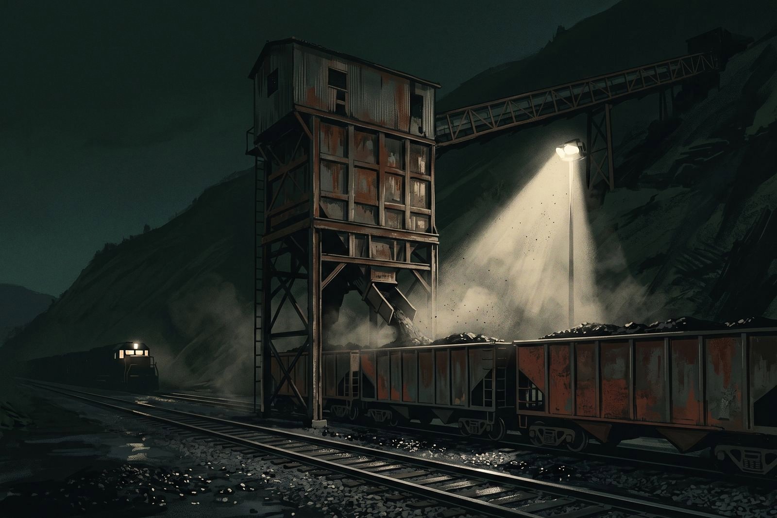 A steel coal tipple loads open hopper wagons at night under a single floodlight, dust hanging in the beam.