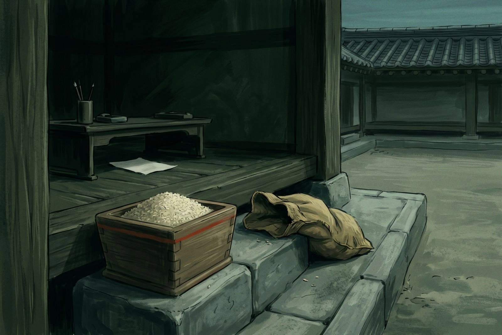 A wooden measure heaped with rice left on the stone step of a county office at dusk, with a straw sack and a clerk's low writing table in the shadows behind.