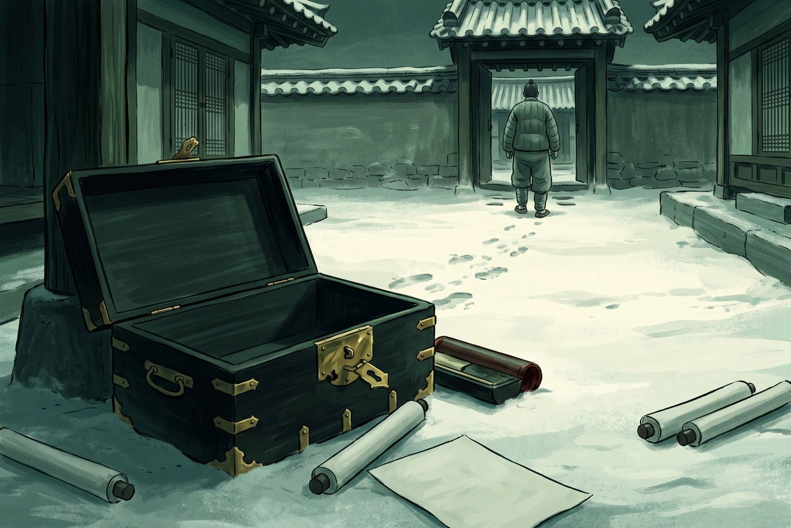 An emptied lacquered document chest lies forced open on snowy ground in a county office courtyard at dawn, with scattered rolled papers and a distant figure seen from behind at the gate.