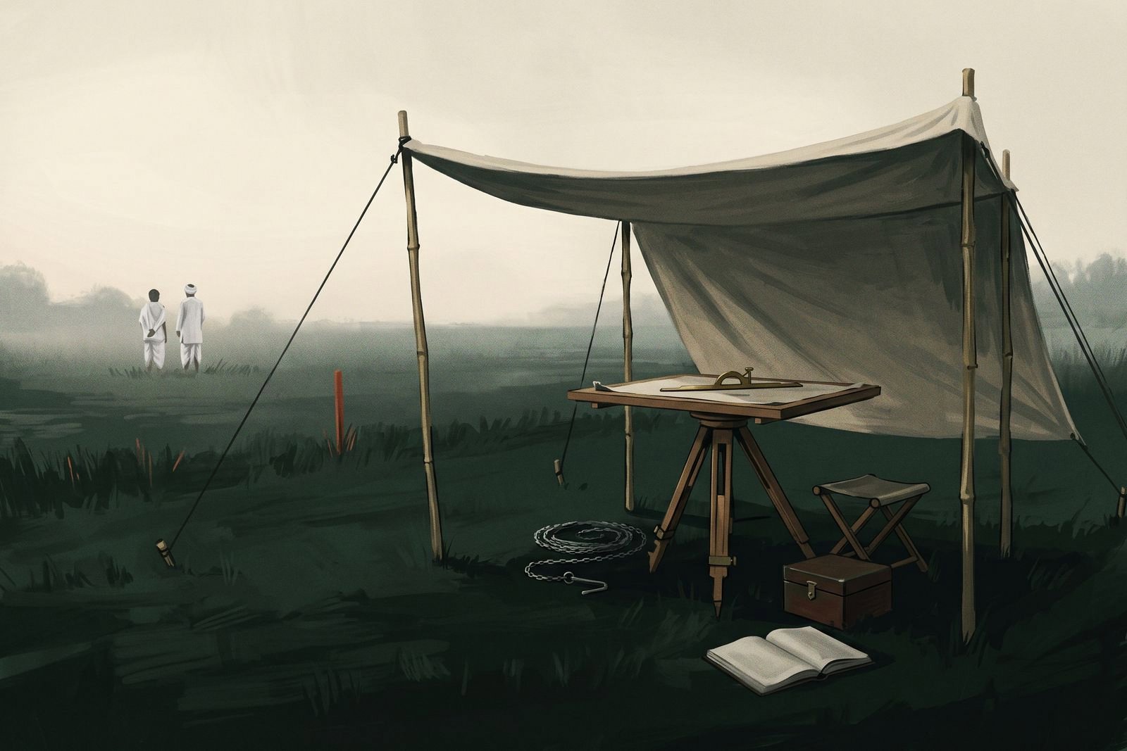 A cadastral survey table under a canvas awning at the edge of a hazy upland field, with a tripod plane table, coiled measuring chain and a closed chest, two distant villagers seen from behind.