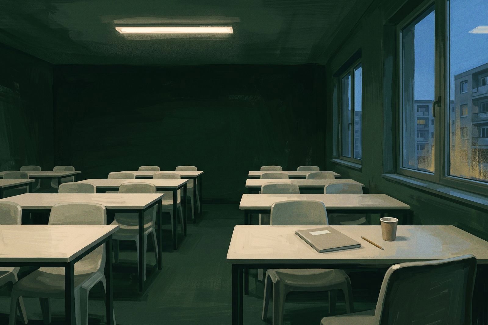 An empty evening classroom of pale desks and plastic chairs in a low concrete building, with a closed blank workbook and paper cup on one desk by a window looking onto apartment blocks.