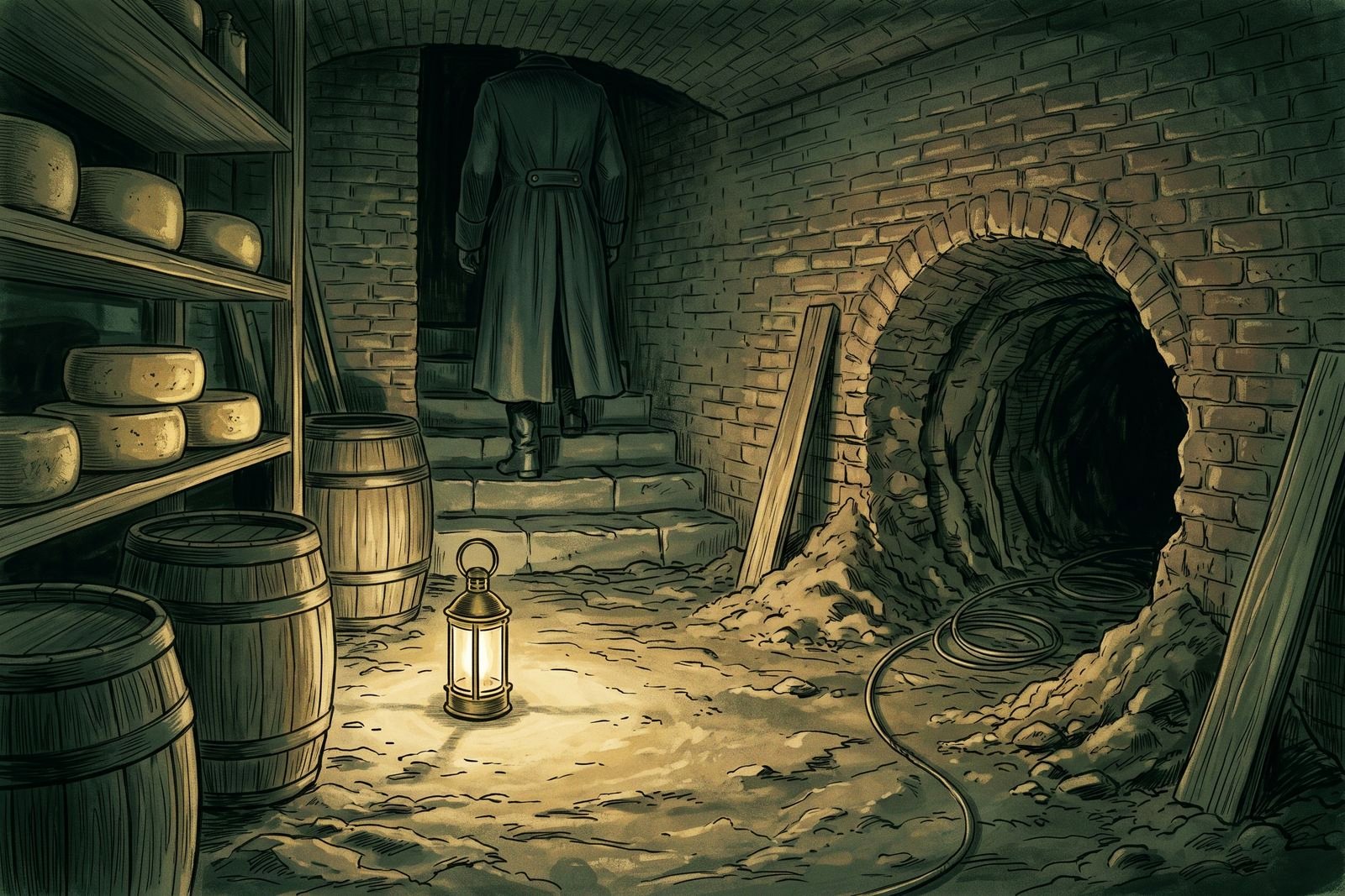 A brick cellar with shelves of cheese wheels and barrels, where a lantern on the floor lights a freshly dug tunnel opening in the wall.