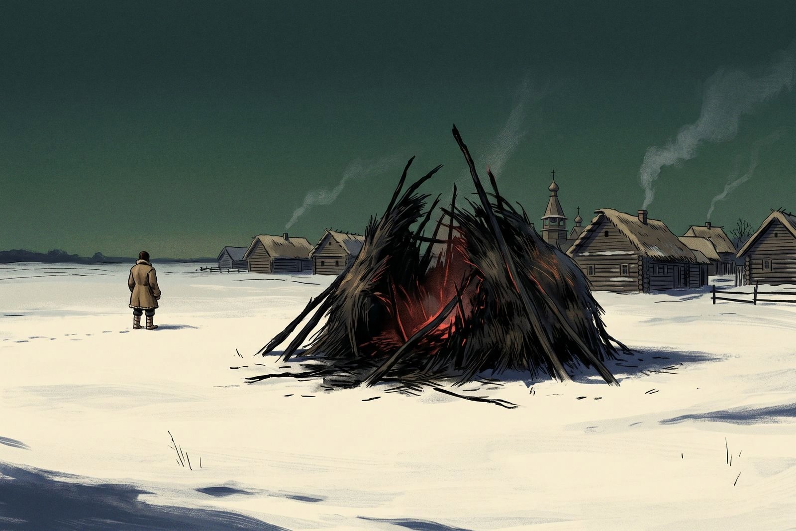 A charred, smouldering hayrick in a snowy field at dusk, with a village of log houses and a distant figure seen from behind.