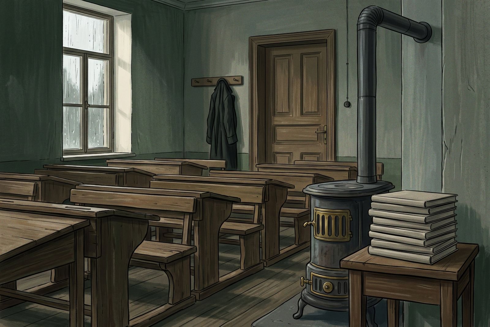An empty schoolroom with wooden desks, a cold iron stove and a stack of closed books beside it, lit by grey rainy light from a window.