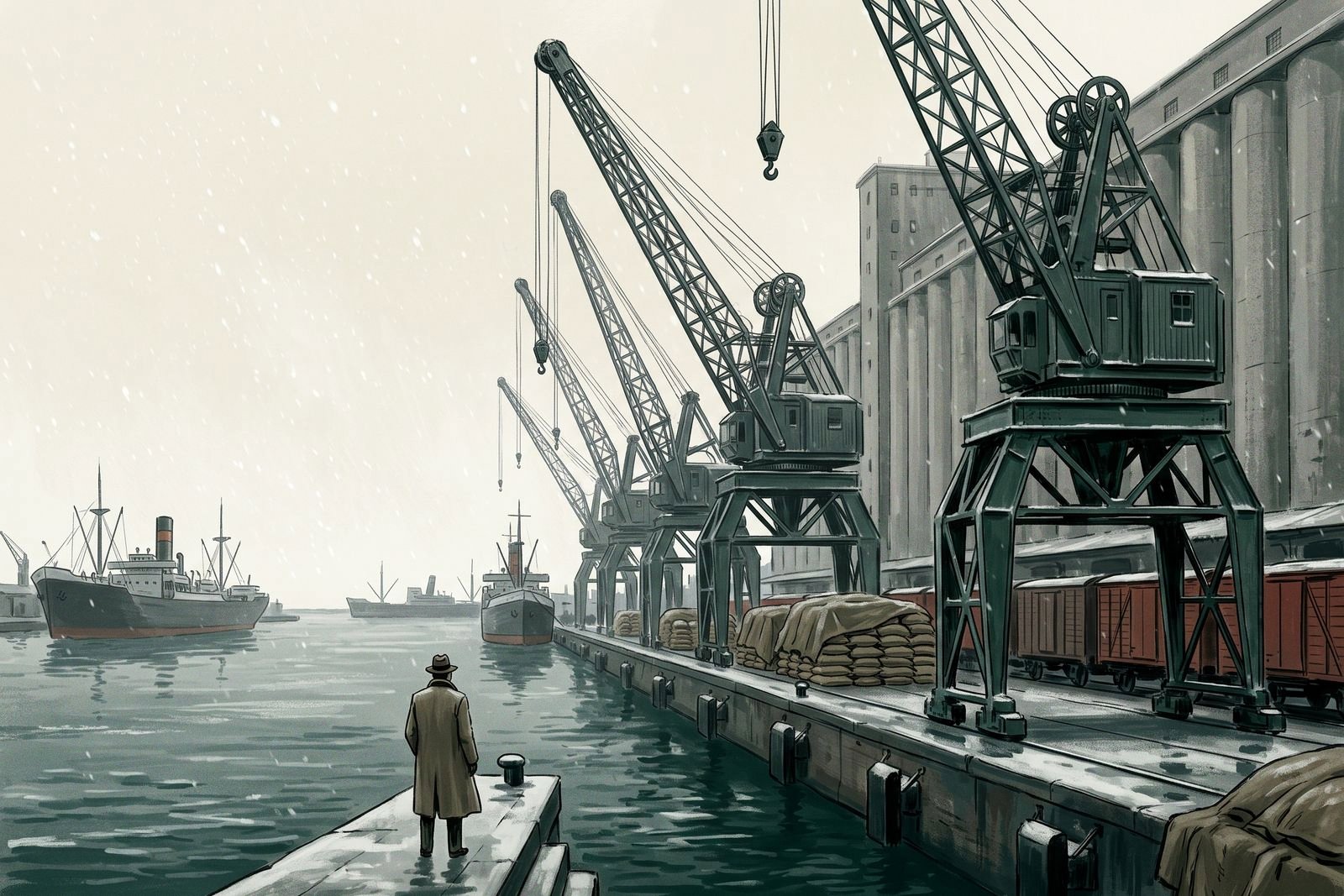 Idle cranes and a grain elevator on a sleet-swept harbour quay, with freighters waiting at anchor and a lone man in an overcoat seen from behind.