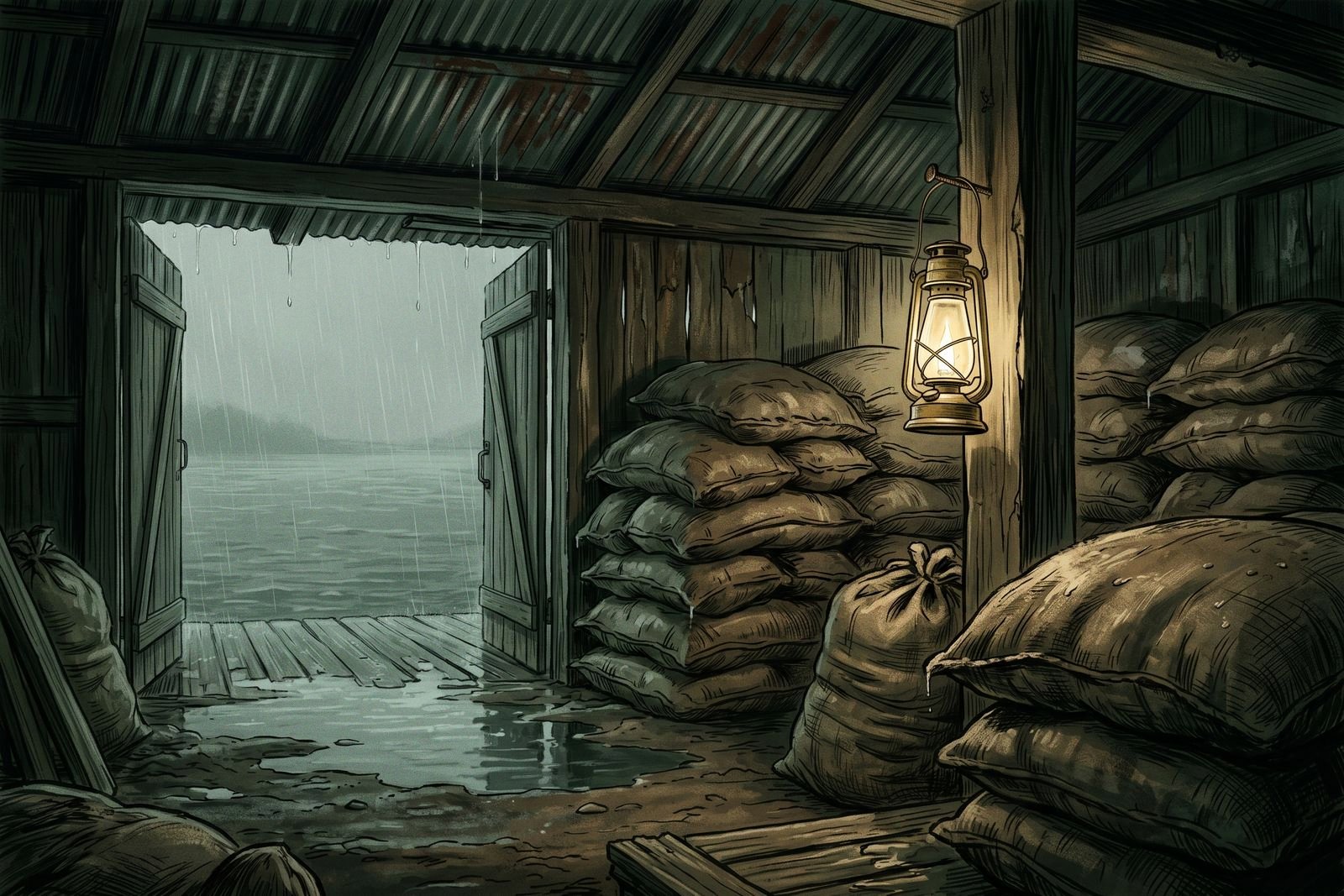 Damp sacks of copra pile up inside a dark timber shed while rain falls on an empty harbour beyond the open doors.
