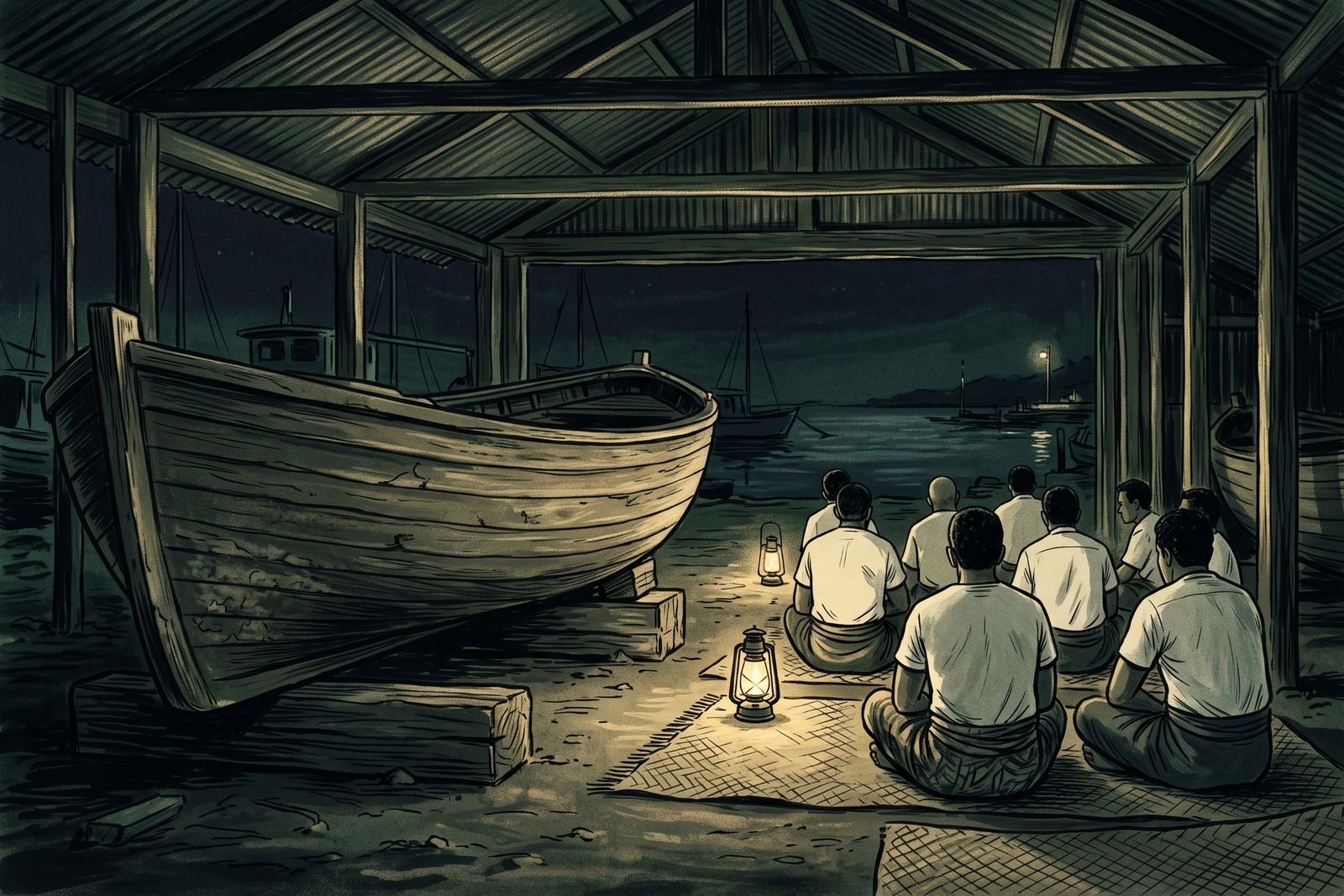 Men seen from behind sit on mats by lantern light inside a boat shed at night, beside a large wooden boat on blocks.