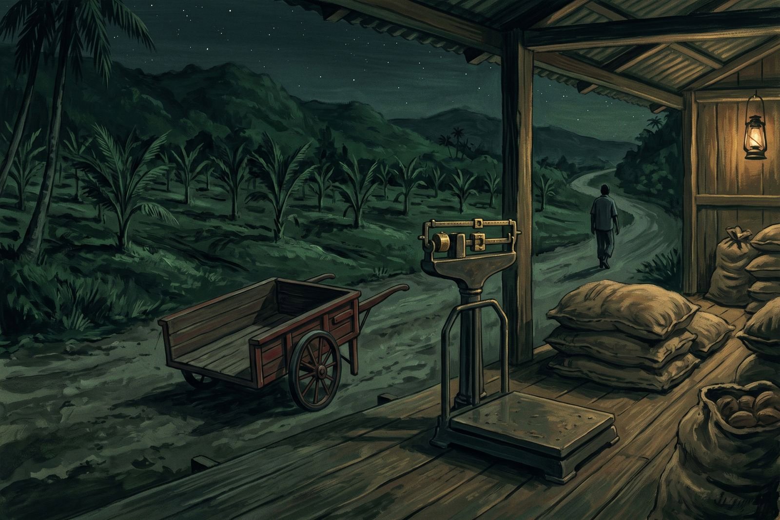 An iron weighing scale stands among sacks in a roadside copra shed, with young coconut palms and a distant walker beyond.