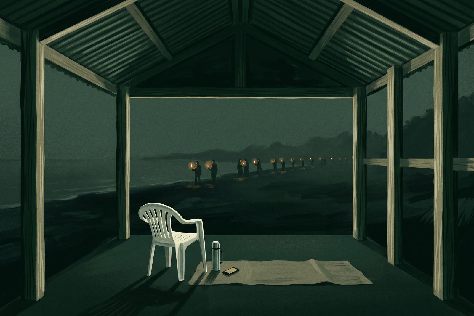 An empty plastic chair and a thermos sit in a newly restored boat shed before dawn as distant figures arrive along the shore carrying candles.