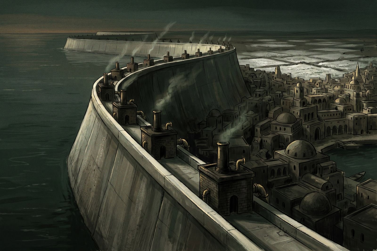 A long grey sea wall dotted with chimneyed pumping stations encircles a harbour city at dusk, with pale salt-whitened fields stretching inland.