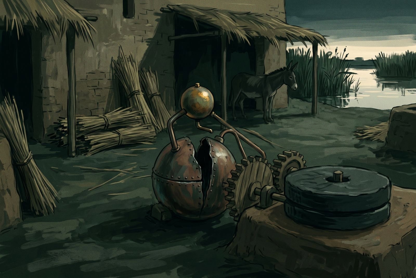 In an evening mill yard by a canal, a still bronze sphere sits over a split copper boiler geared to a millstone, with reed bundles stacked nearby and a donkey in the shaded stalls.