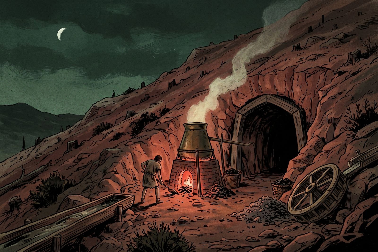 A bronze steam pump on a glowing furnace drains water from a mine entrance on a deforested hillside, a small figure tending it from behind.